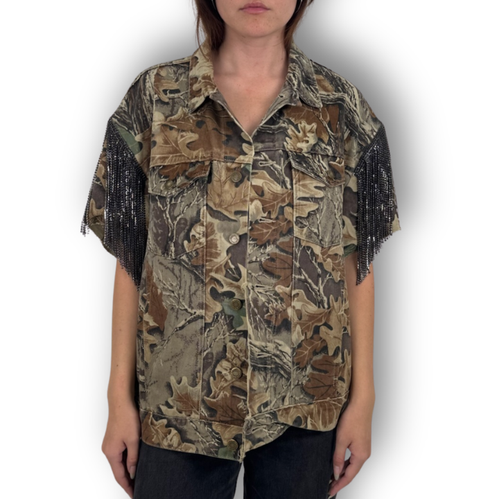 VINTAGE RHINESTONE FRINGE CAMO VEST