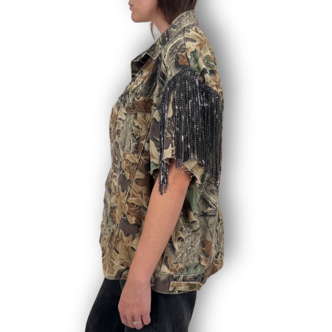 VINTAGE RHINESTONE FRINGE CAMO VEST