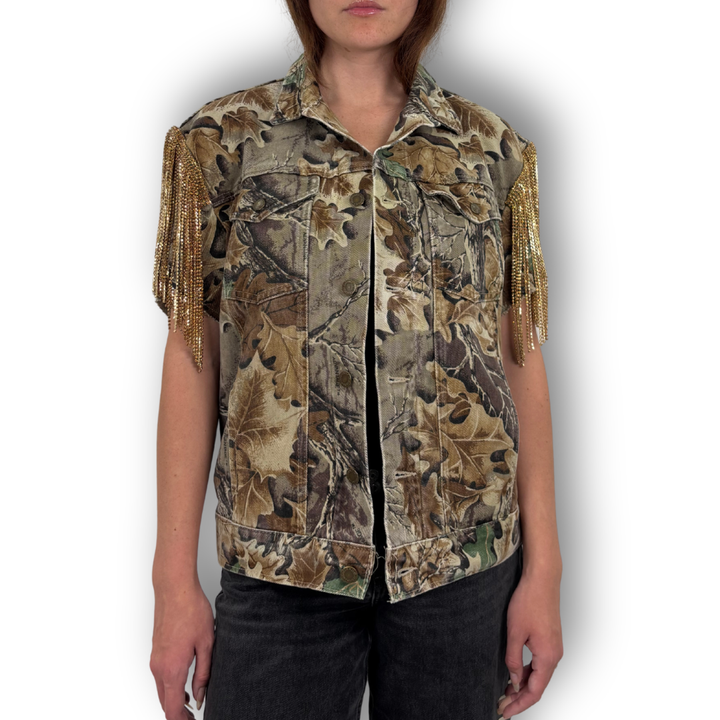 VINTAGE RHINESTONE FRINGE CAMO VEST