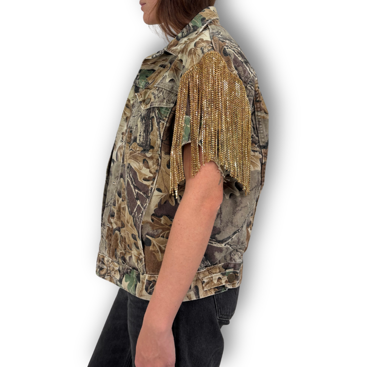 VINTAGE RHINESTONE FRINGE CAMO VEST