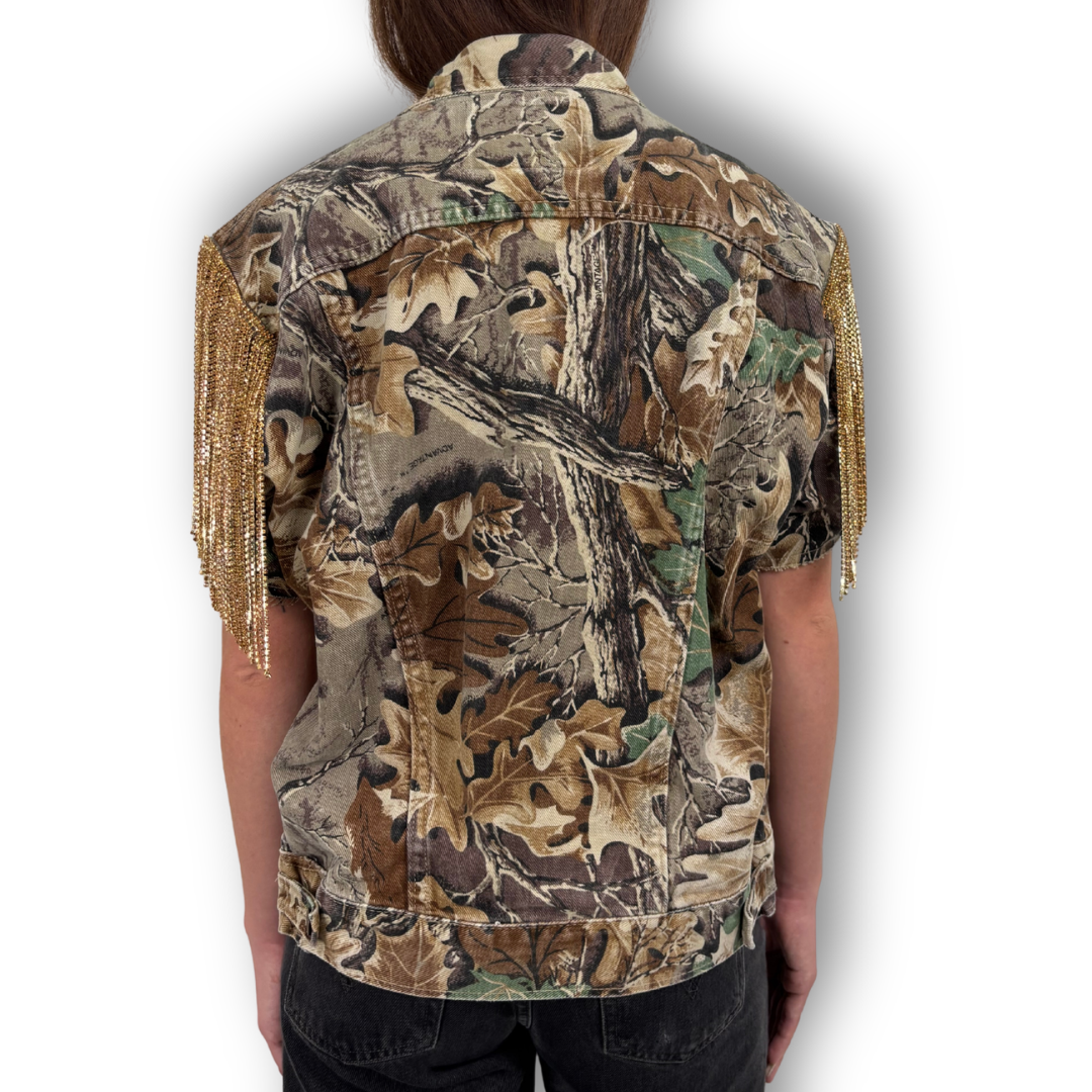 VINTAGE RHINESTONE FRINGE CAMO VEST