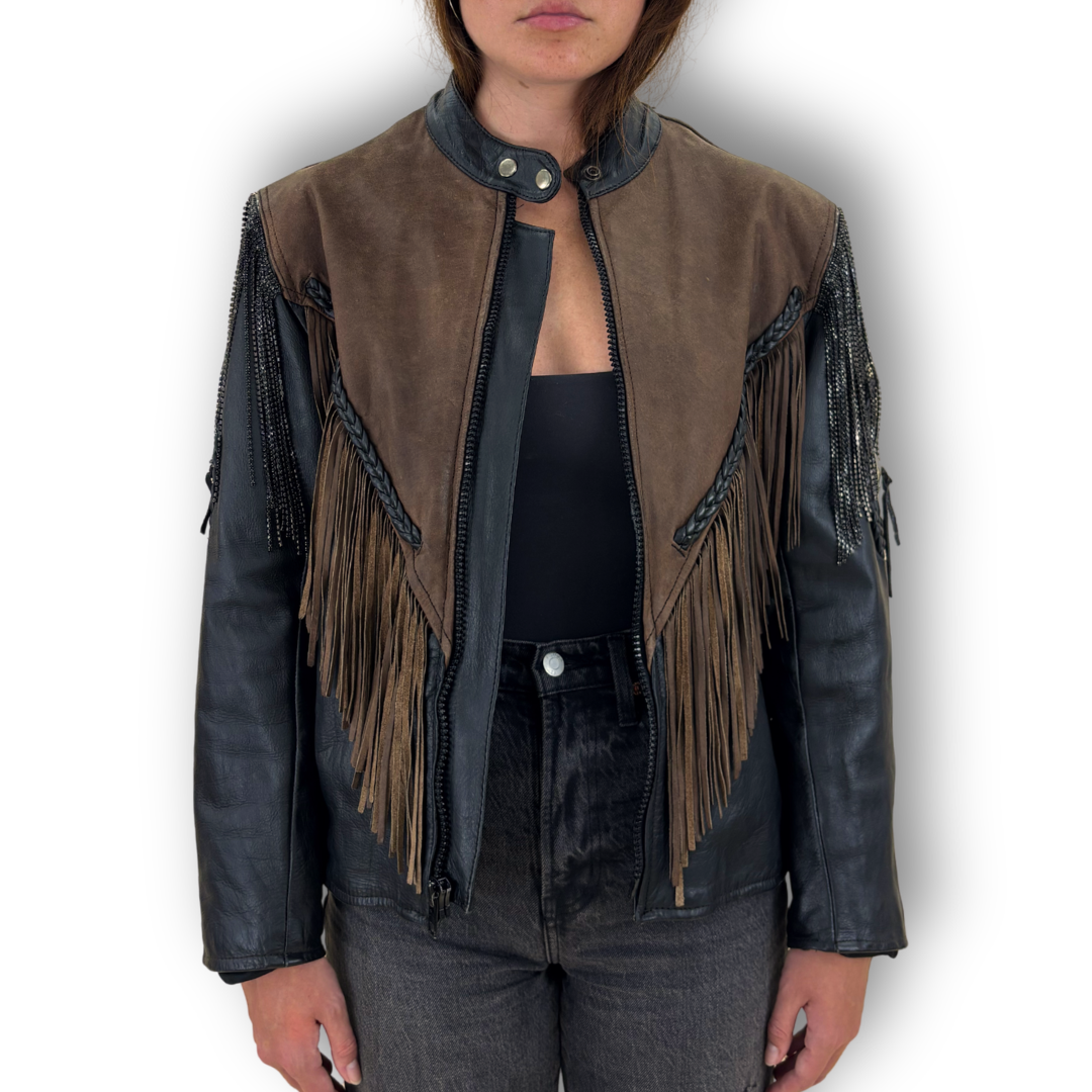 VINTAGE RHINESTONE FRINGE LEATHER JACKET