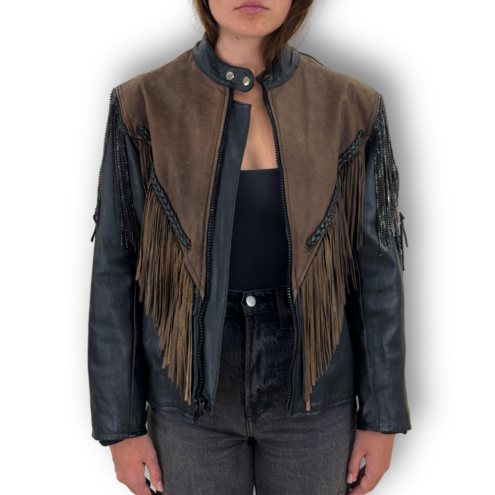 VINTAGE RHINESTONE FRINGE LEATHER JACKET