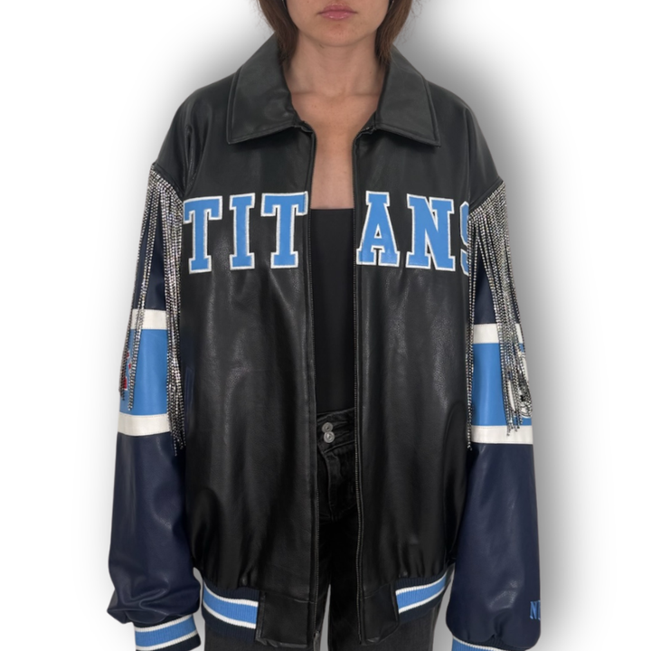 VINTAGE RHINESTONE FRINGE TENNESSEE TITANS LEATHER JACKET