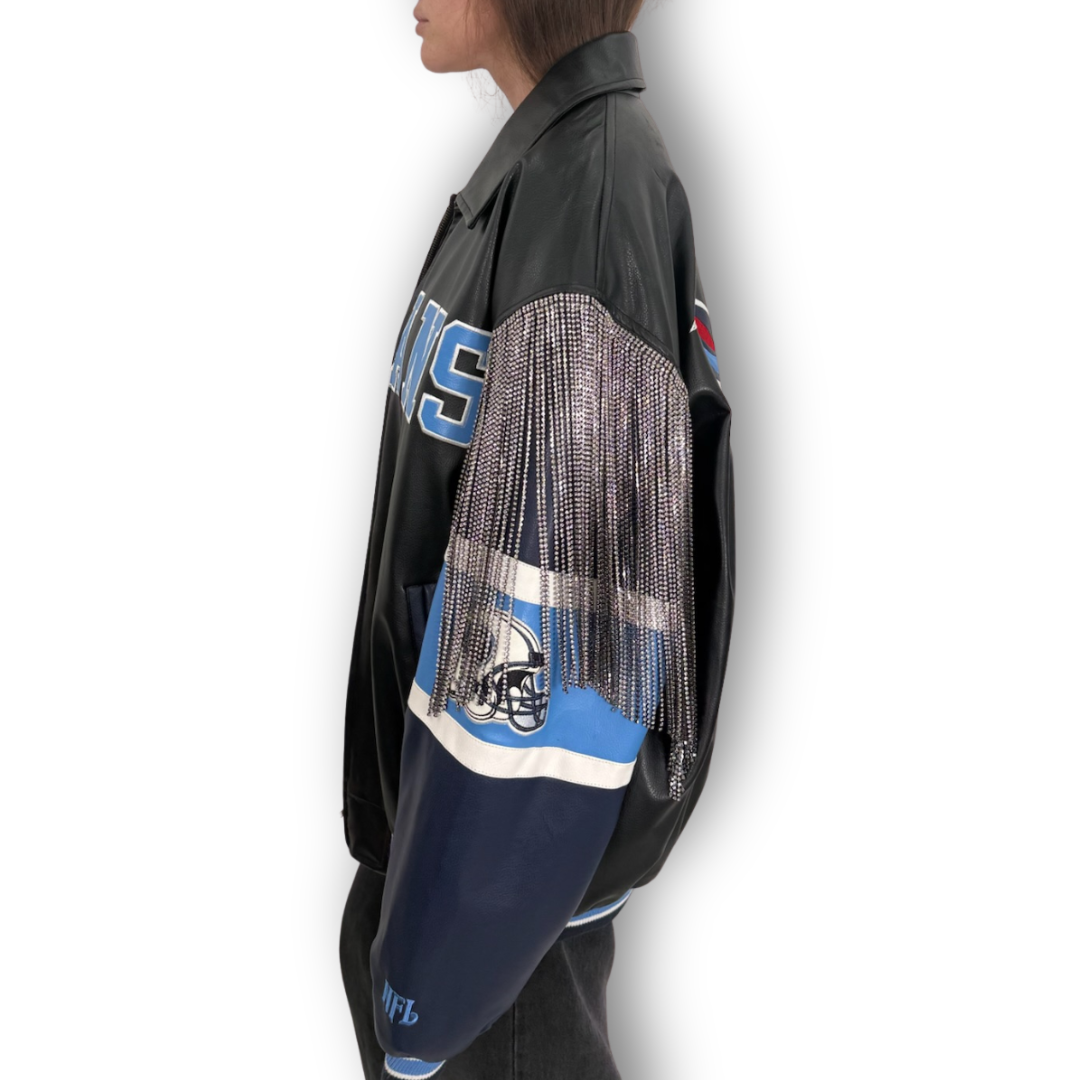 VINTAGE RHINESTONE FRINGE TENNESSEE TITANS LEATHER JACKET