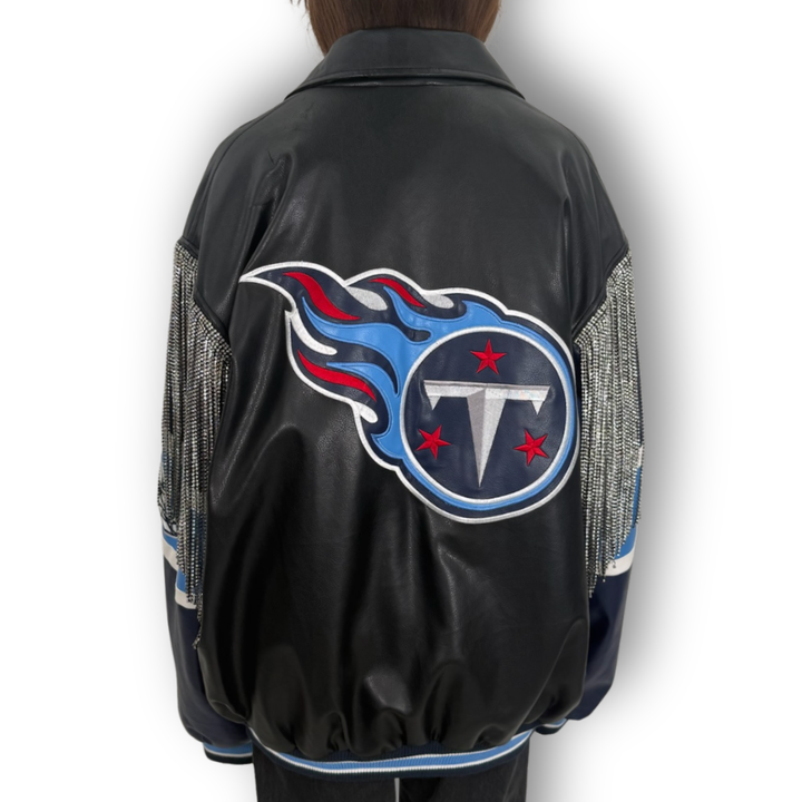 VINTAGE RHINESTONE FRINGE TENNESSEE TITANS LEATHER JACKET