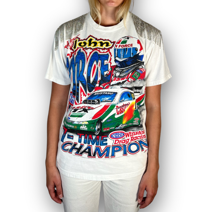 VINTAGE RHINESTONED DRAG RACING TSHIRT | MENS S