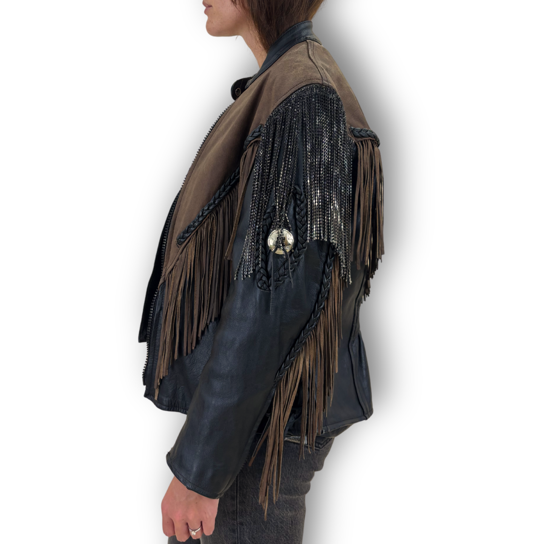 VINTAGE RHINESTONE FRINGE LEATHER JACKET