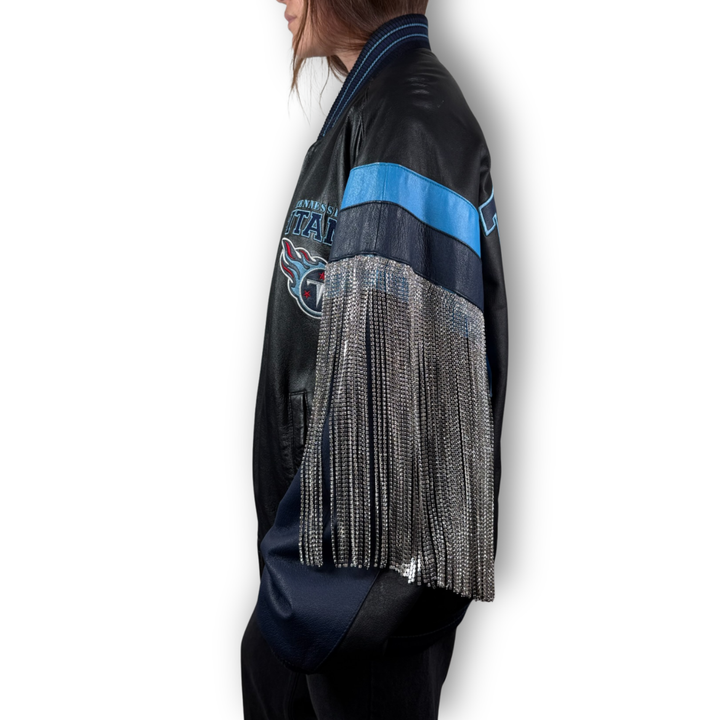 VINTAGE RHINESTONE FRINGE TENNESSEE TITANS LEATHER JACKET