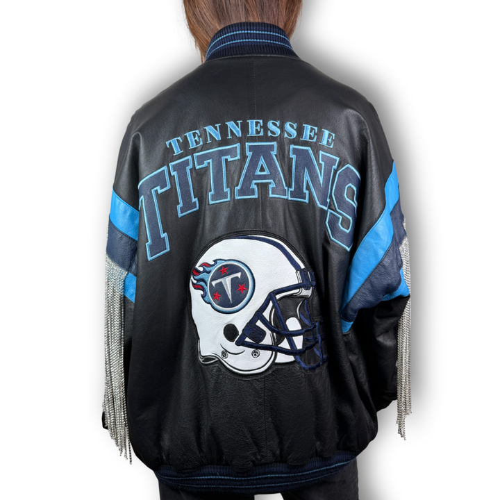 VINTAGE RHINESTONE FRINGE TENNESSEE TITANS LEATHER JACKET
