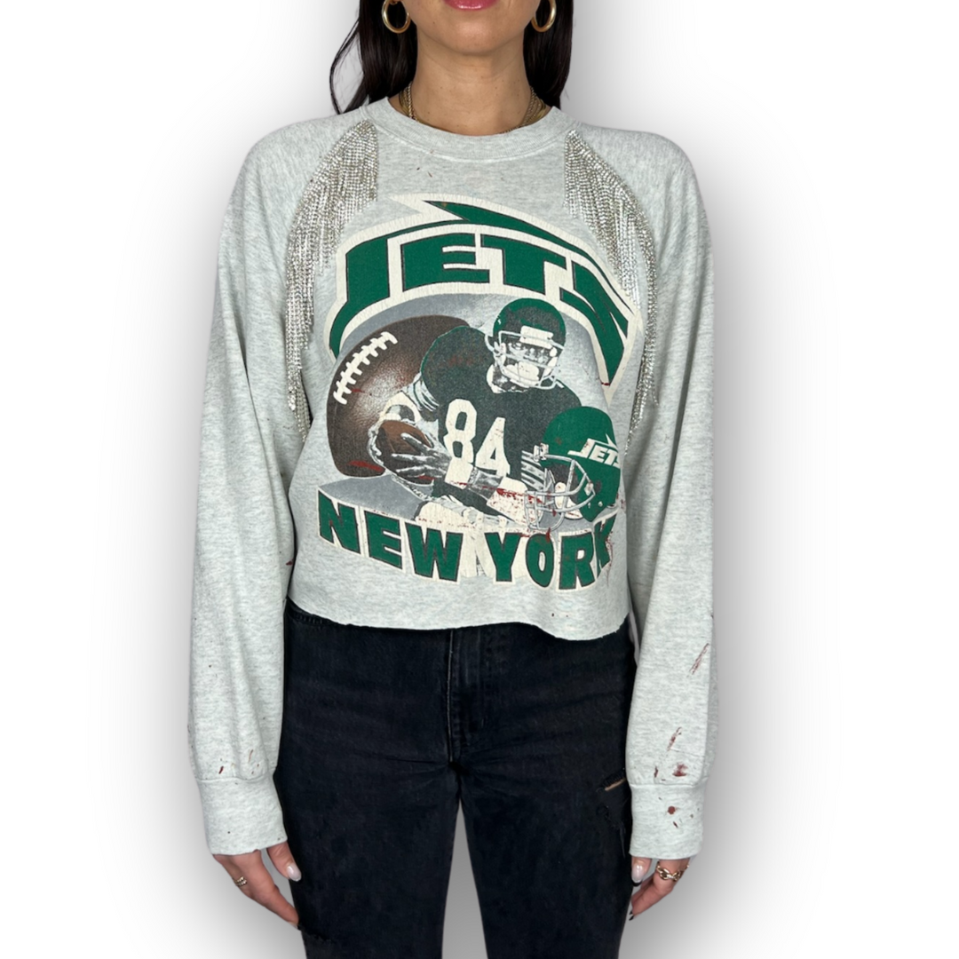 VINTAGE RHINESTONED NEW YORK JETS PAINT SPLATTER SWEATSHIRT DANIEL DIAMOND