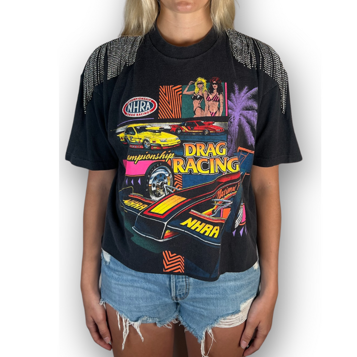 VINTAGE RHINESTONED DRAG RACING TSHIRT | MENS S