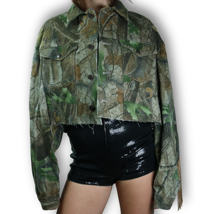 VINTAGE CAMO RHINESTONE FRINGE JACKET