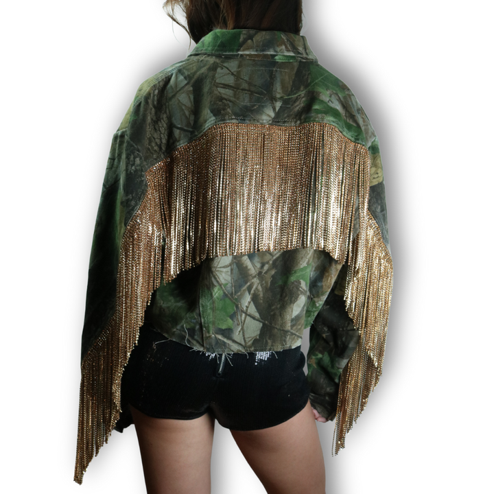 VINTAGE CAMO RHINESTONE FRINGE JACKET