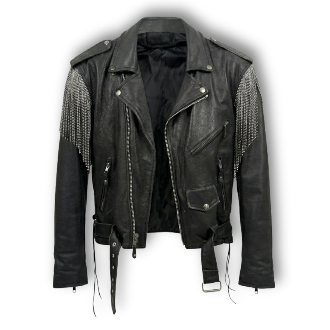 VINTAGE RHINESTONE FRINGE BIKER JACKET