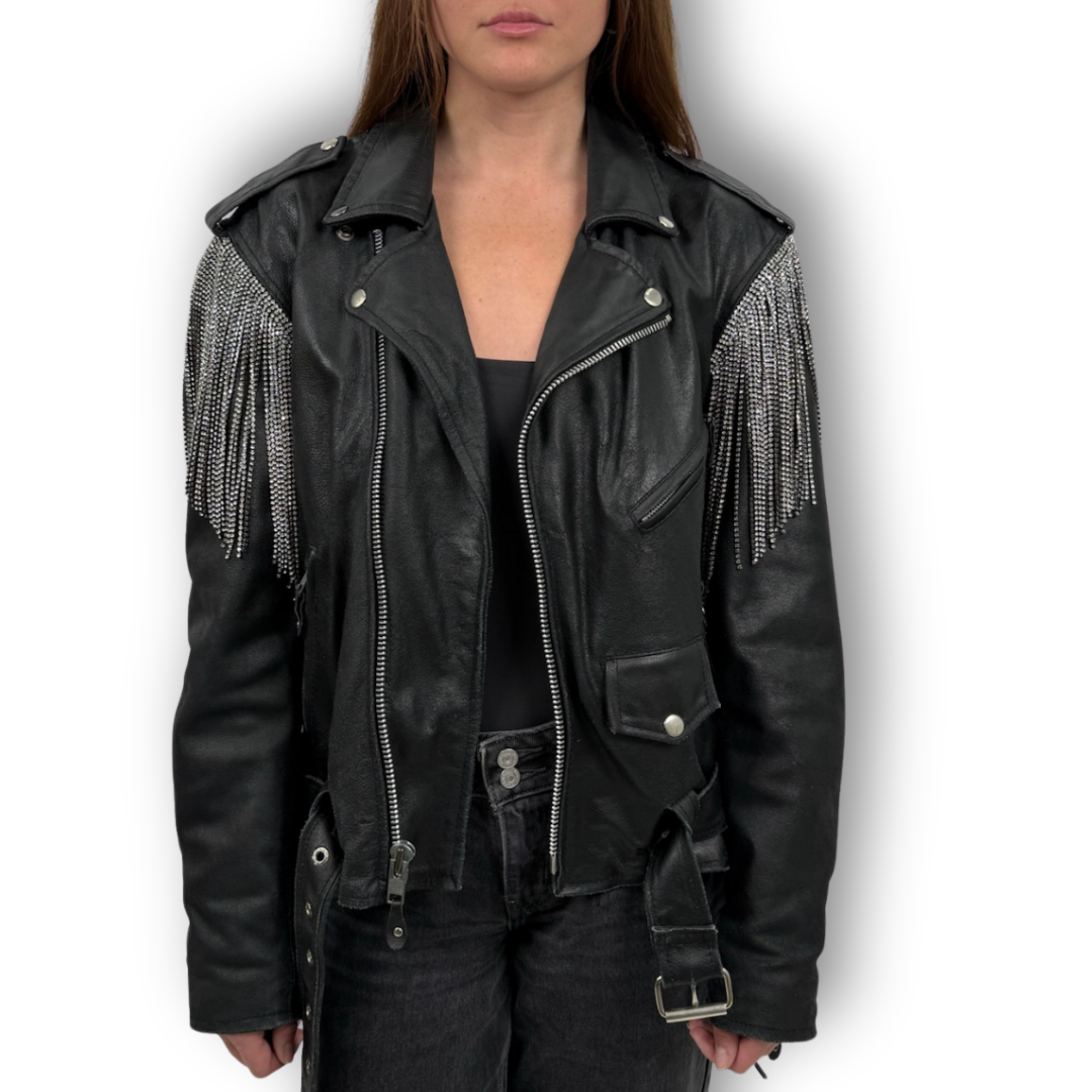 VINTAGE RHINESTONE FRINGE BIKER JACKET