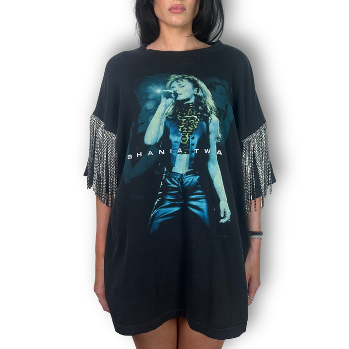 vintage rhinestone tee shania twain with tour on back and empire fringe sleeves