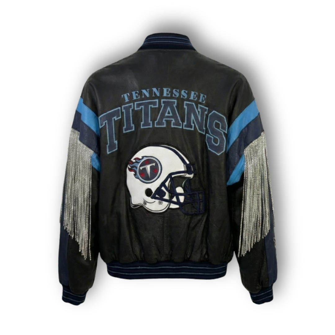 VINTAGE RHINESTONE FRINGE TENNESSEE TITANS LEATHER JACKET