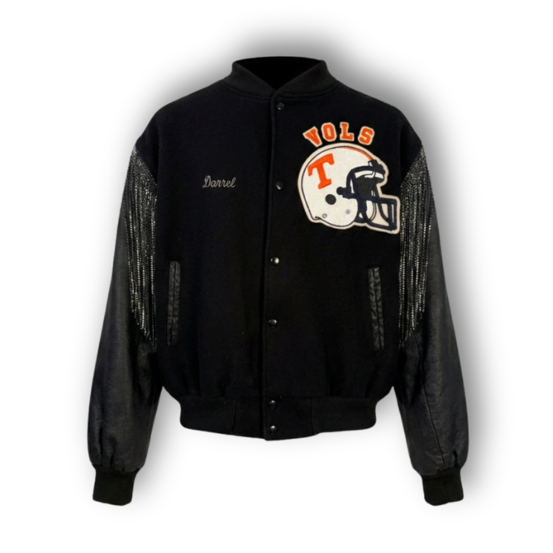 VINTAGE RHINESTONE FRINGE LETTERMAN JACKET
