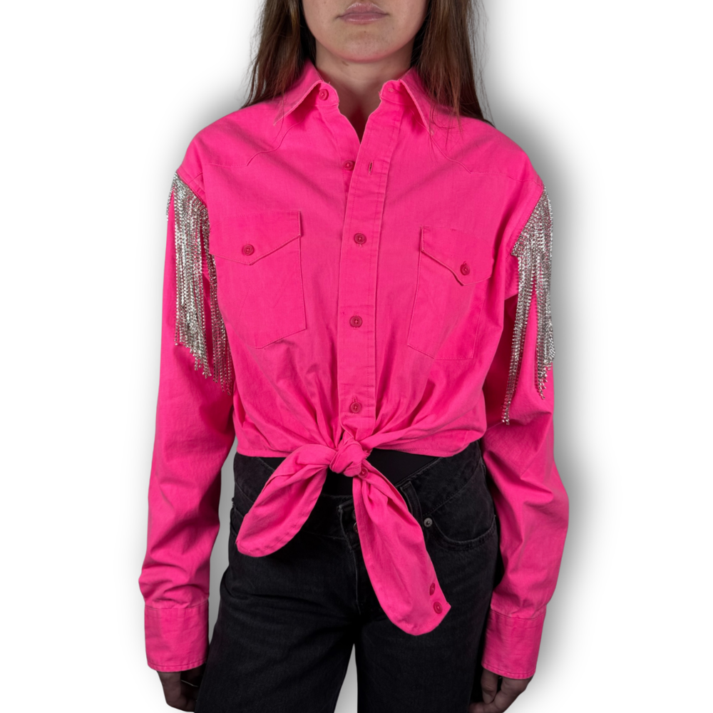 Daniel Diamond hot pink tie top with silver fringe