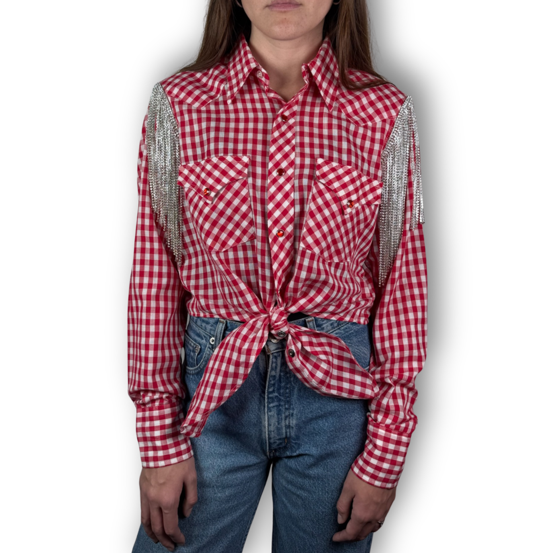 Daniel Diamond red gingham tie top with silver fringe