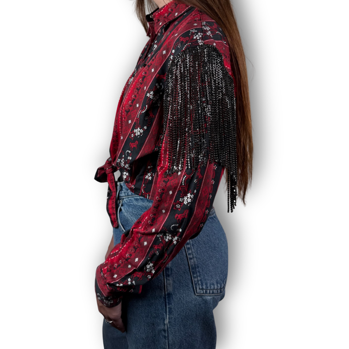 VINTAGE RHINESTONE FRINGE TIE TOP