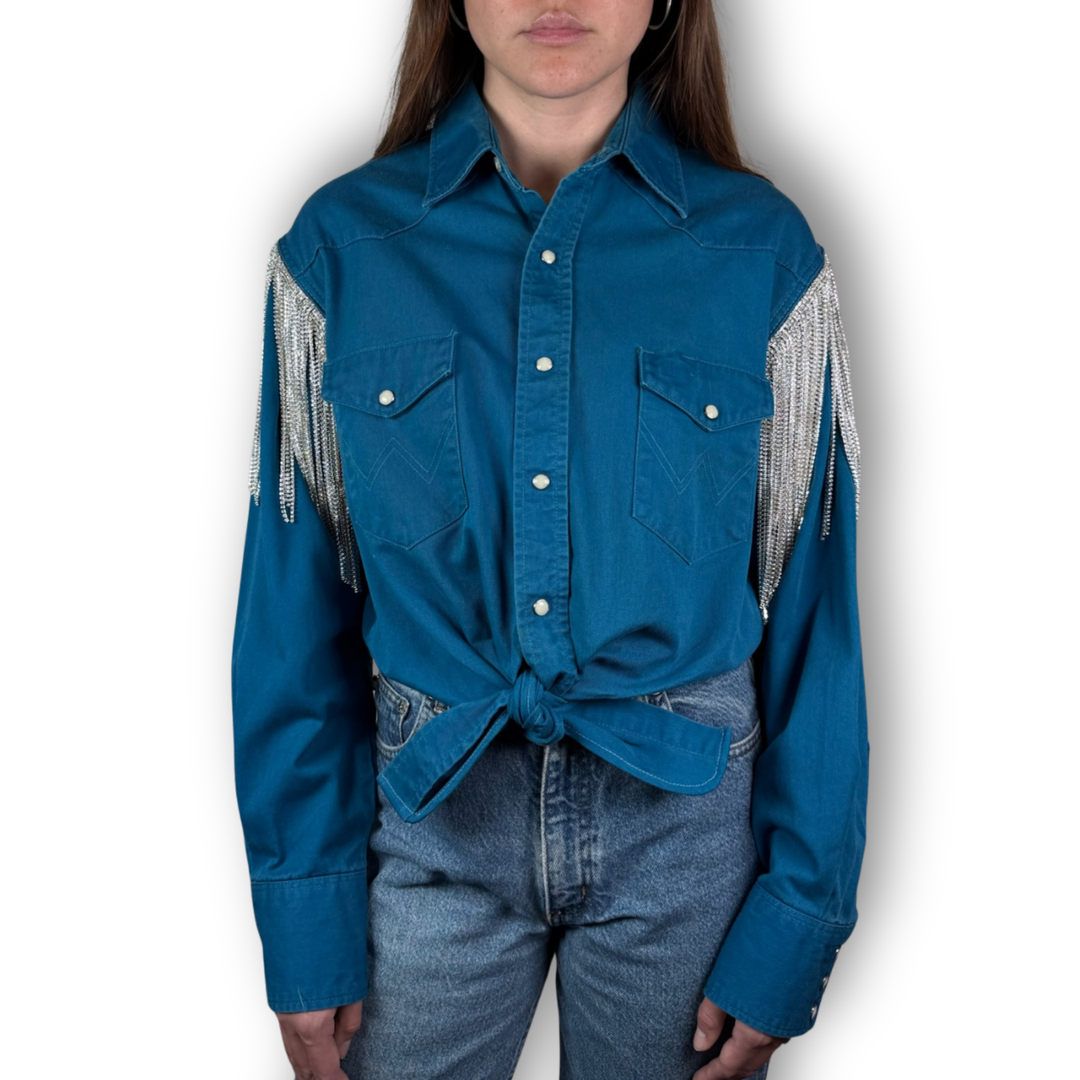 Daniel Diamond teal tie top with silver fringe