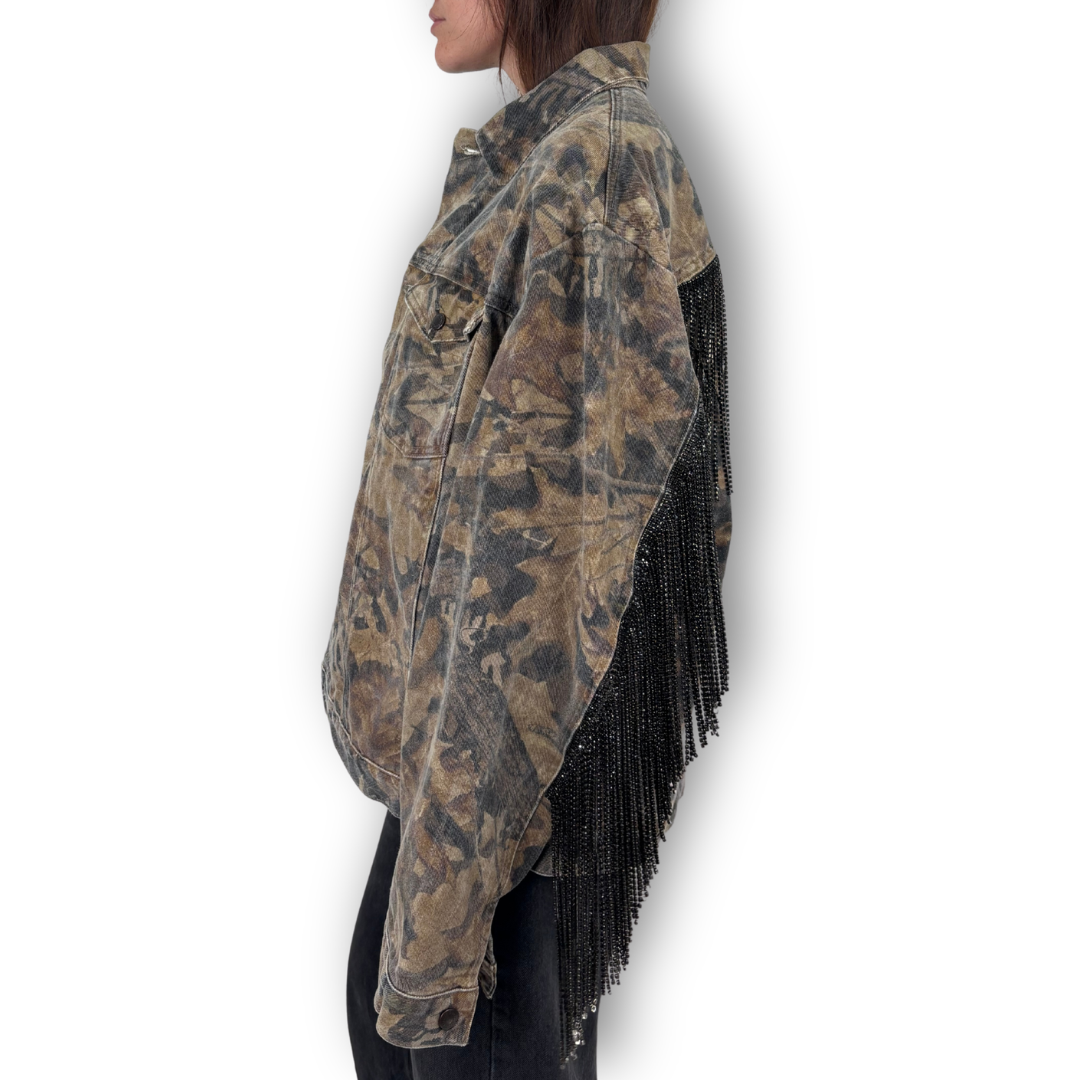 VINTAGE CAMO RHINESTONE FRINGE JACKET