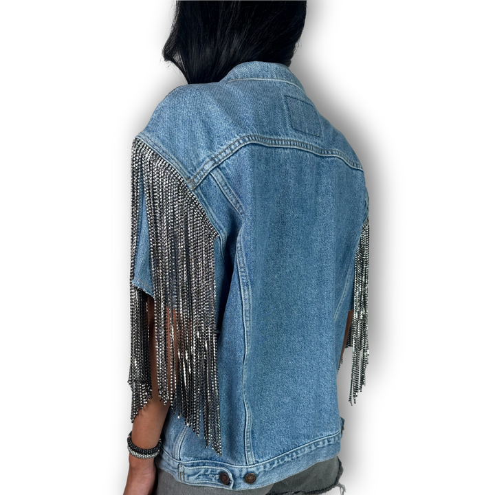 vintage cut off vest with 12 in empire fringe sleeves blue denim