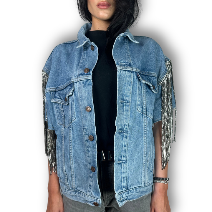 vintage cut off vest blue denim with 12 in empire fringe sleeves