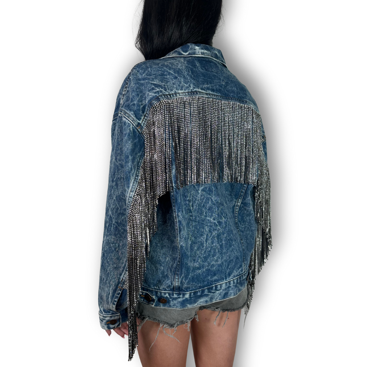 vintage fringe rhinestone jacket deep acid wash with empire fringe