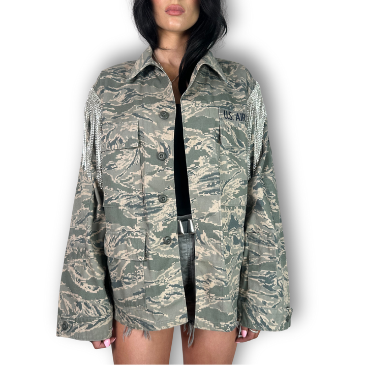vintage fringe rhinestone jacket us air force with flared sleeve