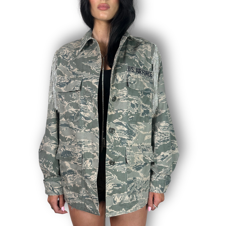vintage rhinestone fringe jacket air force camo 