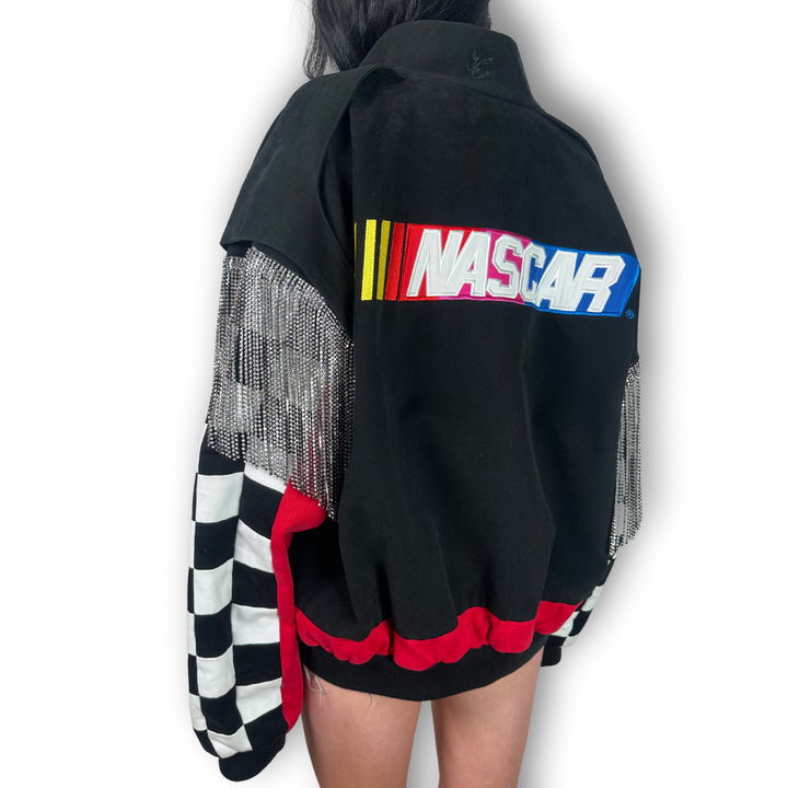 vintage black nascar silver fringe rhinestone jacket