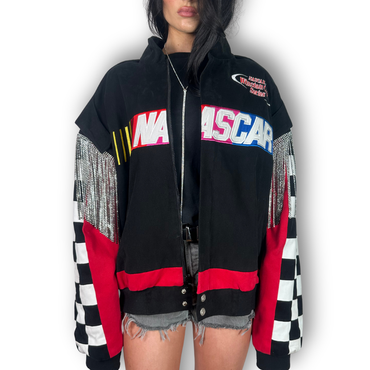 vintage silver fringe rhinestone nascar jacket 