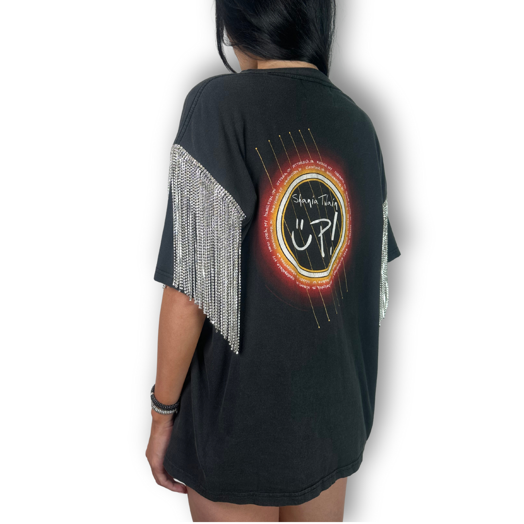 Vintage rhinestoned tee shania twain up tour with silver rhinestone fringe sleeve