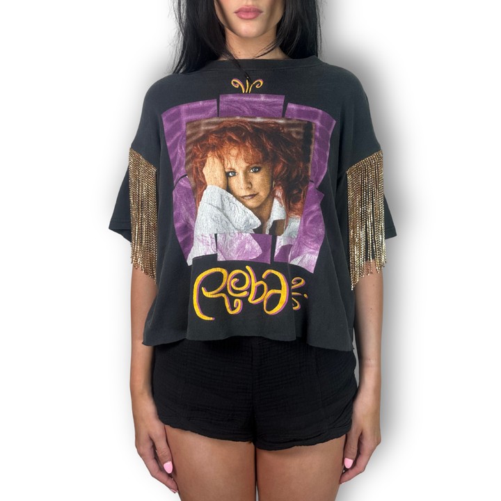 vintage rhinestoned reba tee with gold fringe sleeves