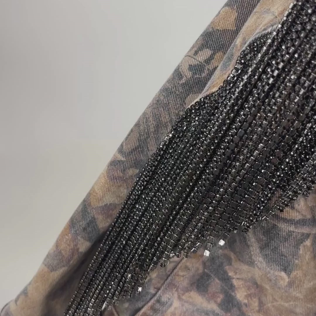 VINTAGE CAMO RHINESTONE FRINGE JACKET