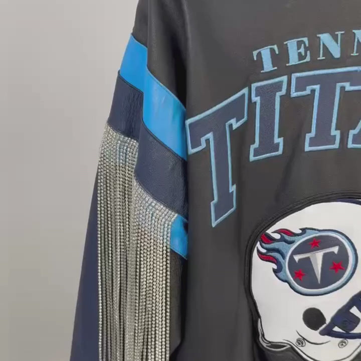 VINTAGE RHINESTONE FRINGE TENNESSEE TITANS LEATHER JACKET