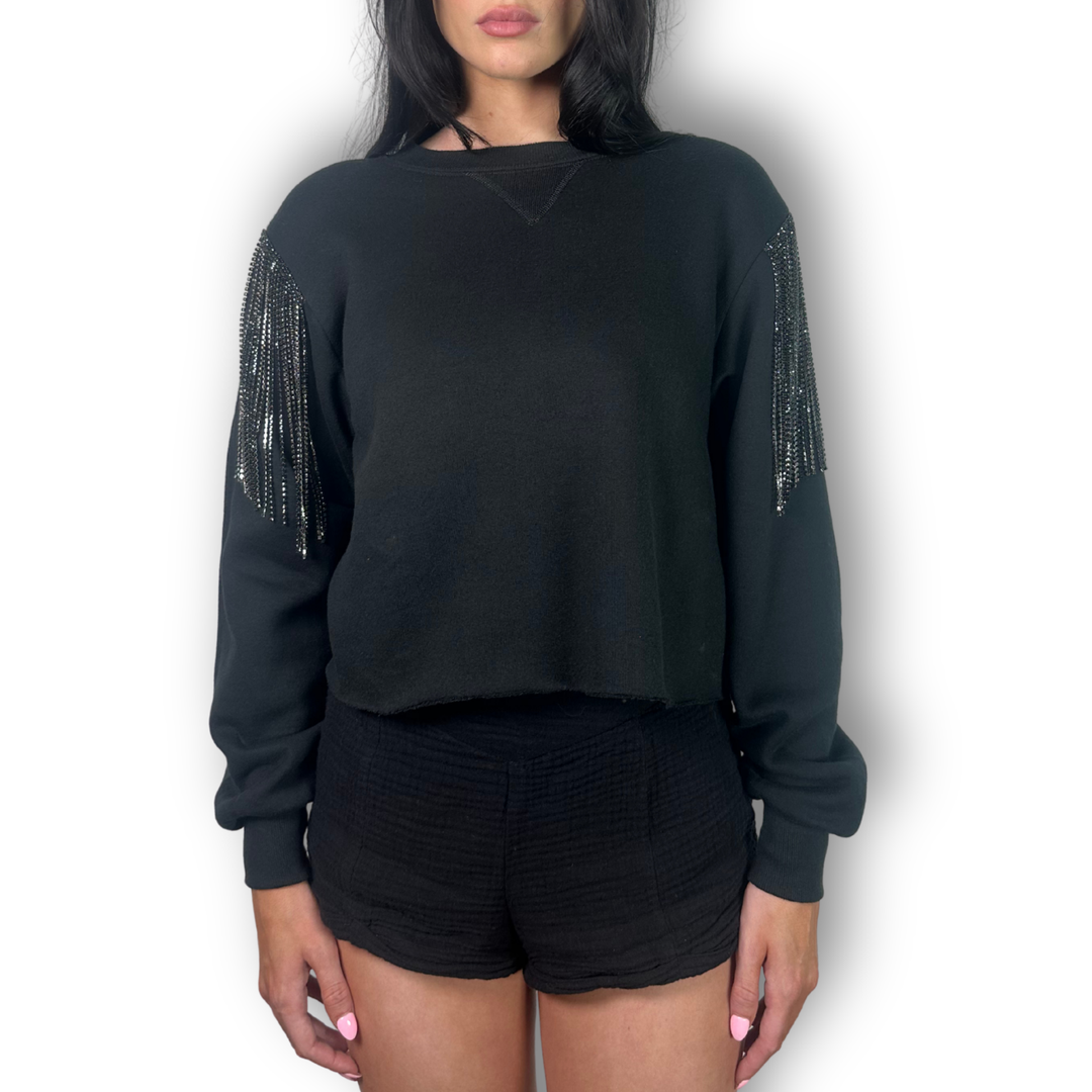 vintage rhinestone fringe cropped sweatshirt with black fringe