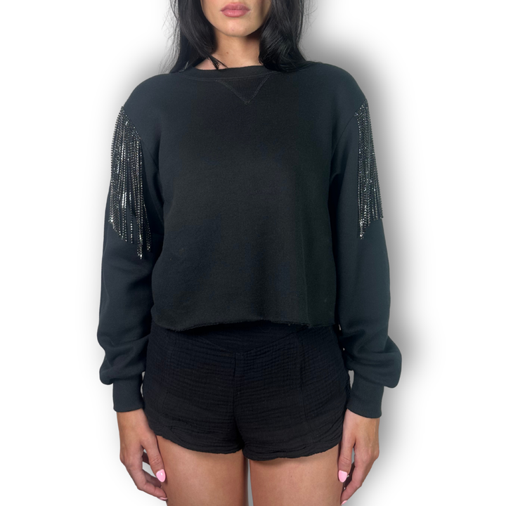 vintage rhinestone fringe cropped sweatshirt with black fringe