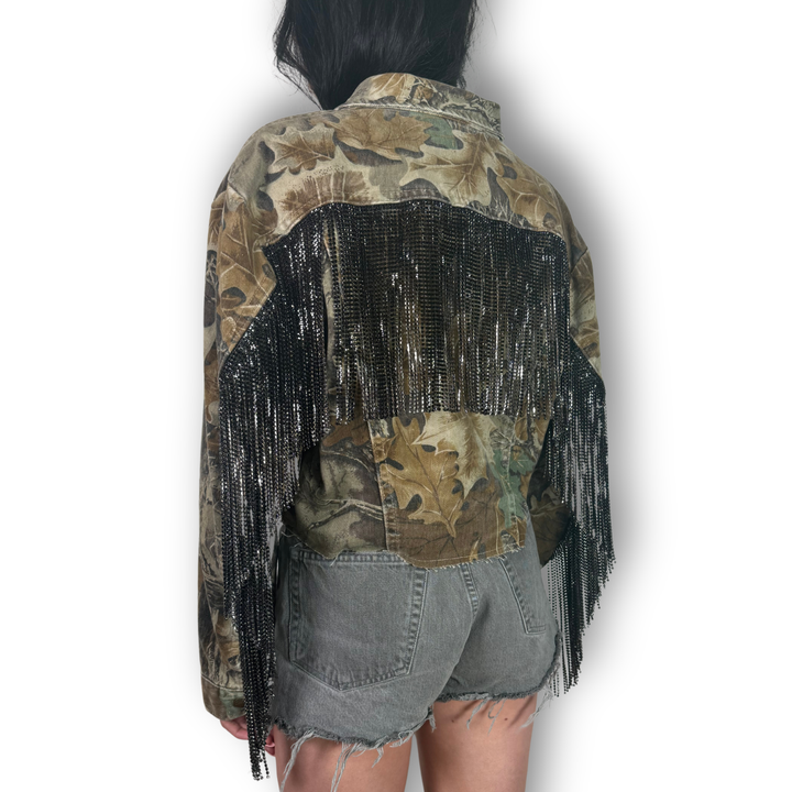 vintage rhinestone fringe jacket cropped camo with black fringe on back