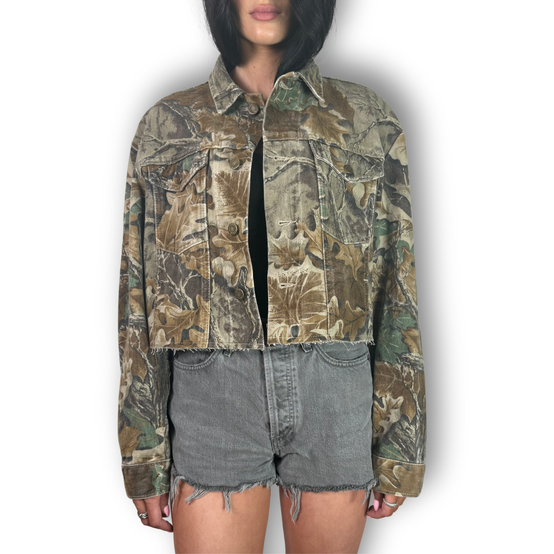 vintage rhinestone fringe jacket cropped camo with black fringe 