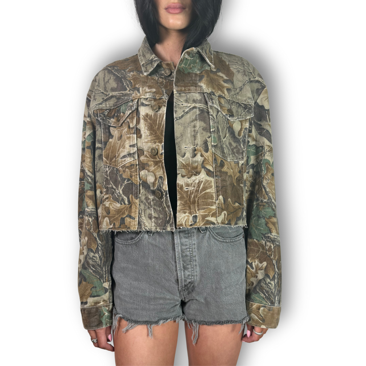 vintage rhinestone fringe jacket cropped camo with black fringe 