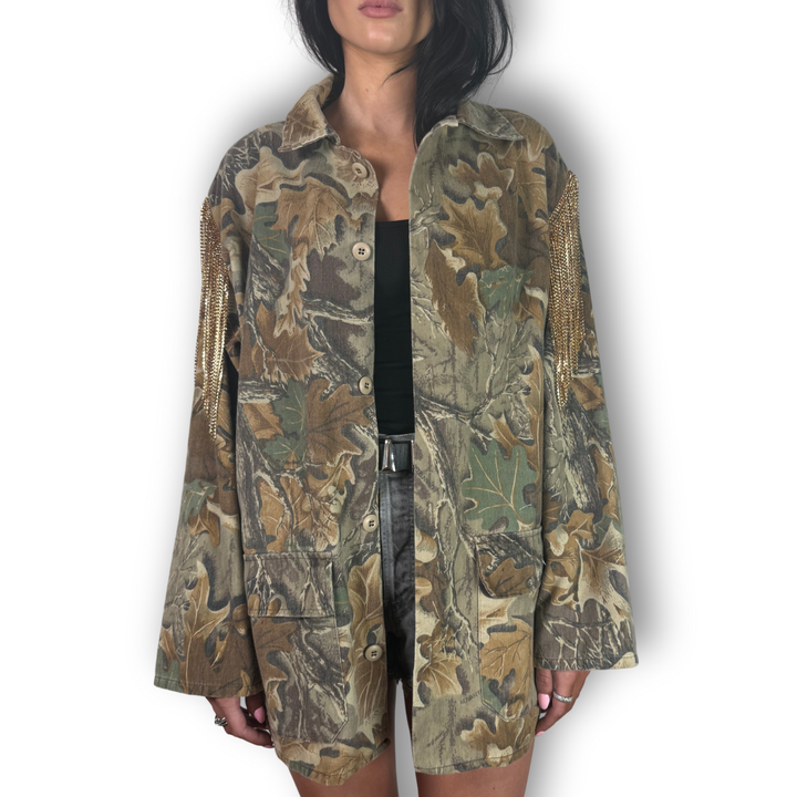 vintage rhinestone fringe jacket oversized with gold camo sleeves