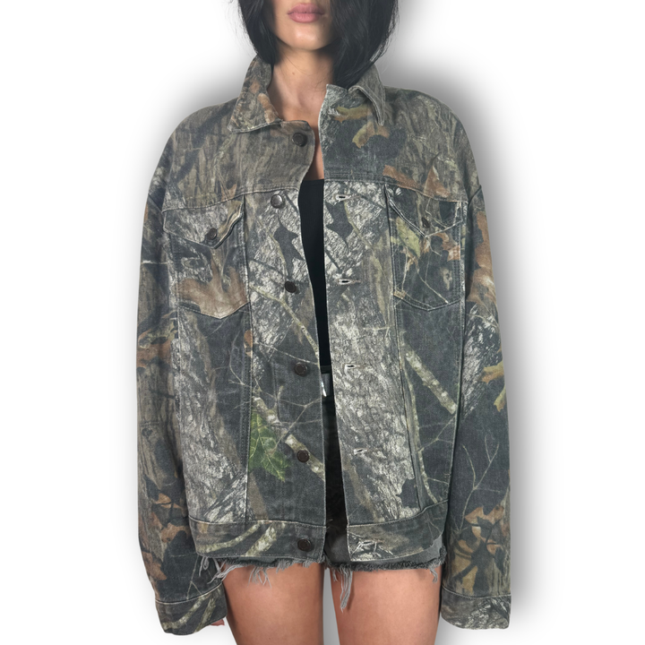 vintage rhinestone fringe jacket wood camo with black fringe on back