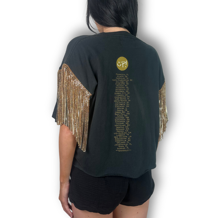 vintage rhinestoned crop shania twain tee with up tour dates on back and gold fringe