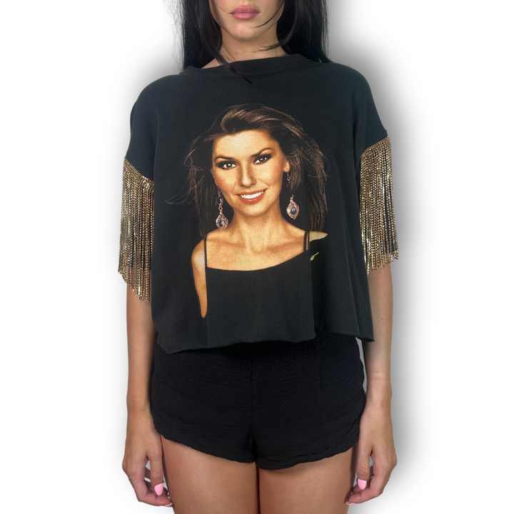 vintage rhinestoned crop shania twain tee with up tour dates on back and gold fringe