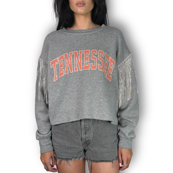 vintage rhinestoned silver fringe gray crop sweatshirt orange tennessee sweatshirt