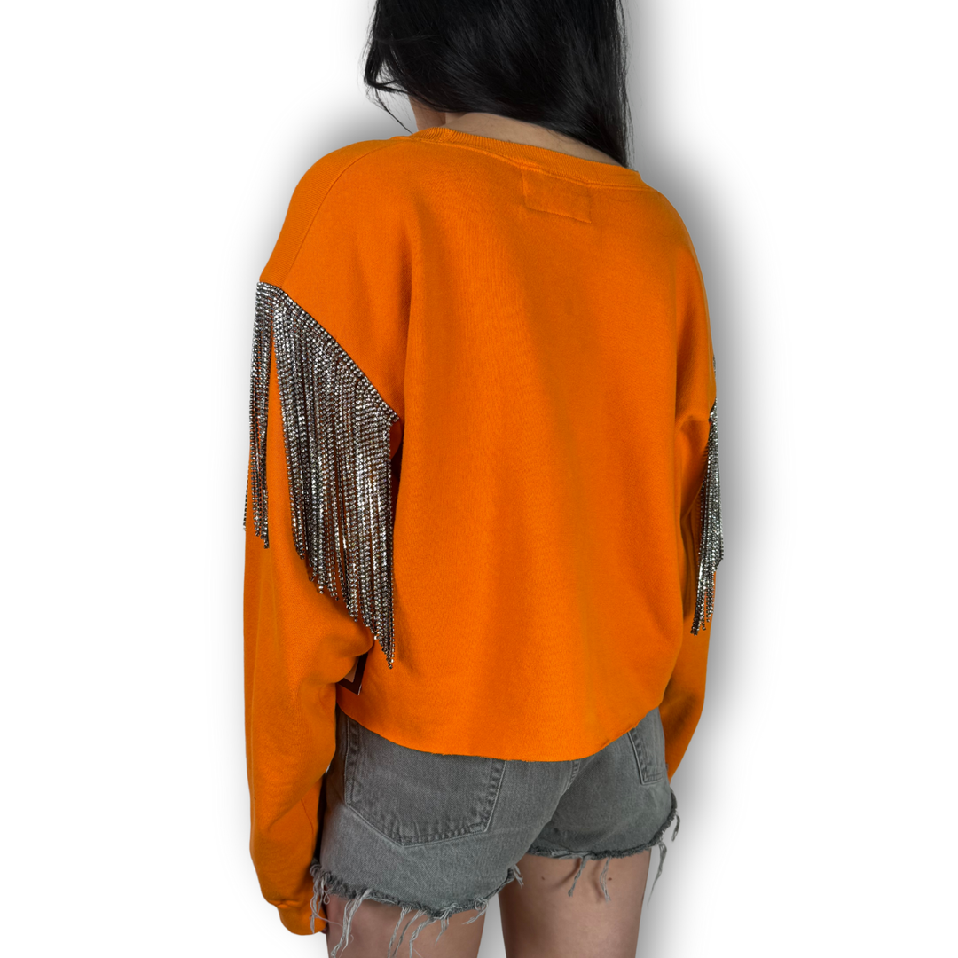 vintage rhinestoned fringe sweatshirt orange tennessee with empire fringe sleeves